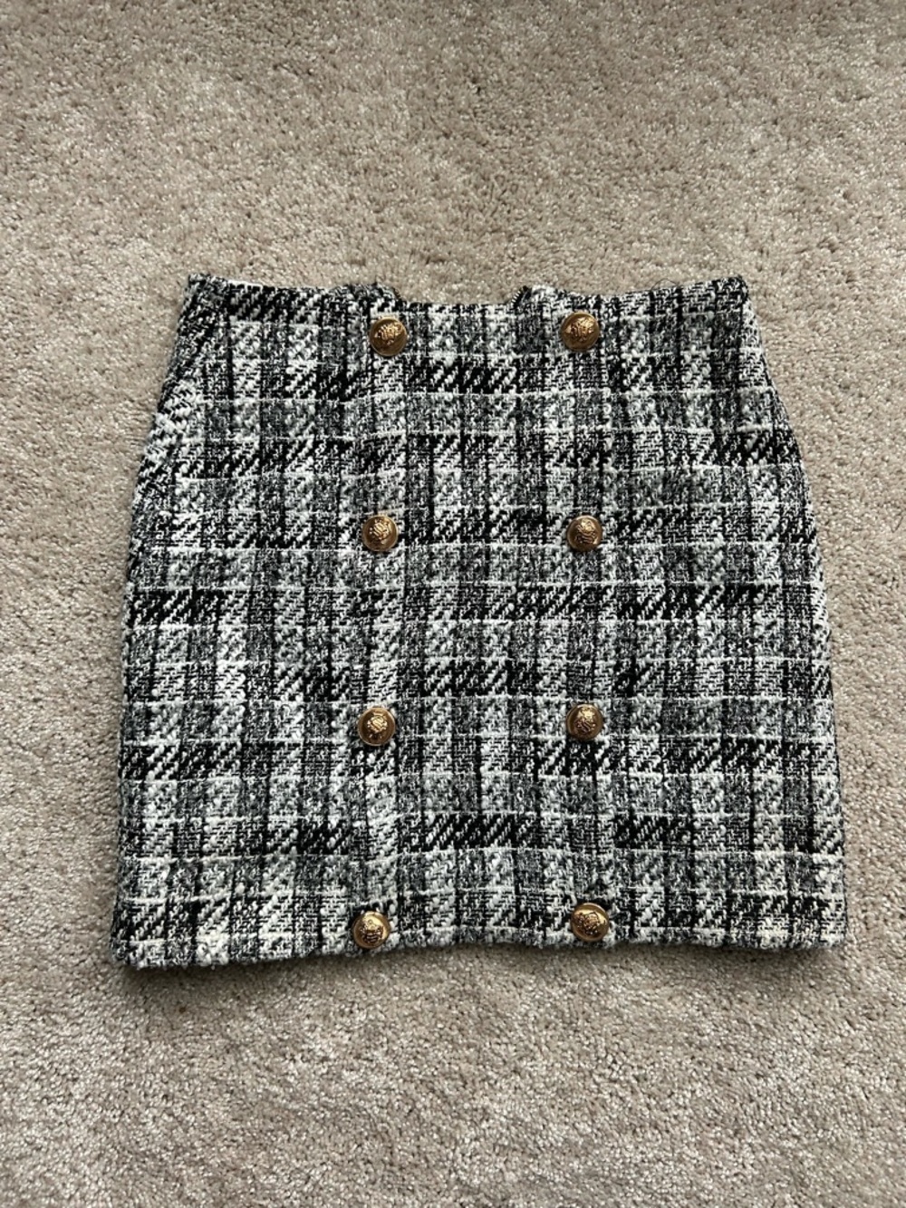Lioness Black and White Plaid Tweed Mini Skirt with Gold Buttons